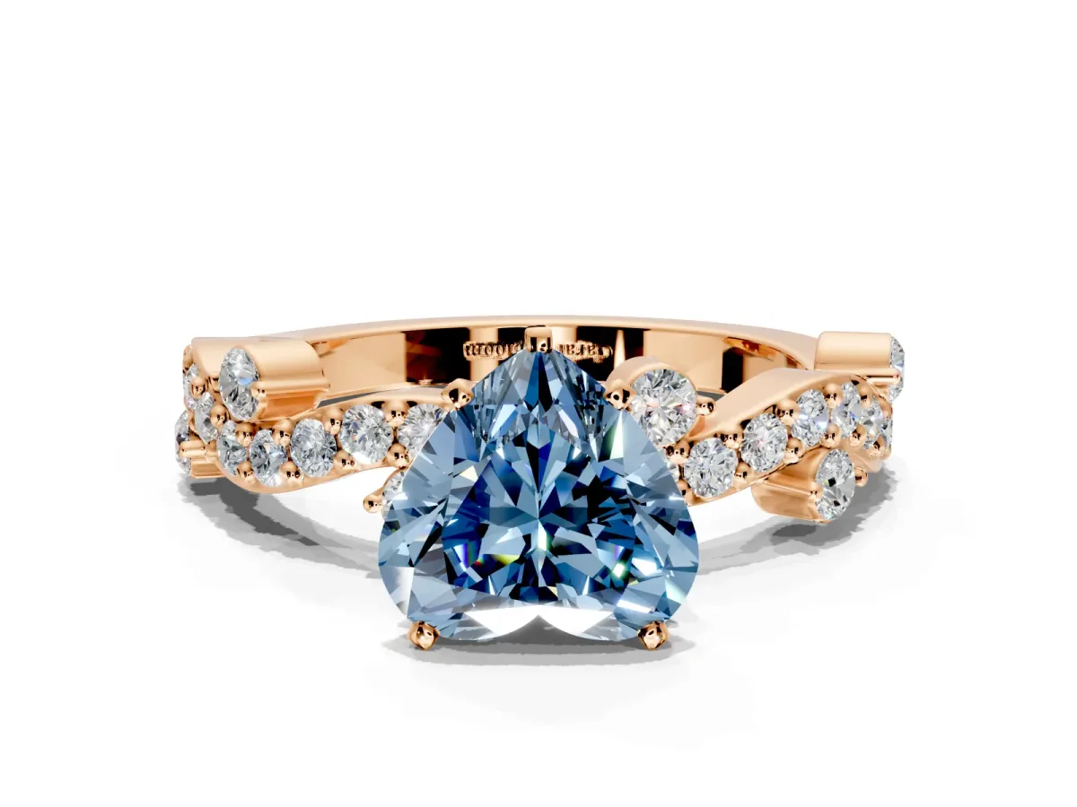 Solitaire Engagement Ring Setting for Fancy Blue Heart-Shaped Center with Bar-Station Pave Twist and Prong Head in Rose Gold
