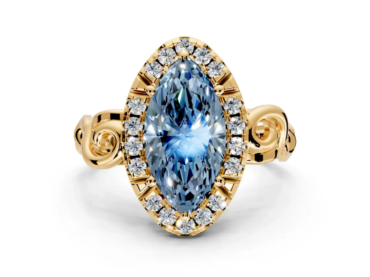 Halo Engagement Ring Setting for Fancy Blue Marquise Center with Open Scroll Shoulders and Prong Head in Yellow Gold
