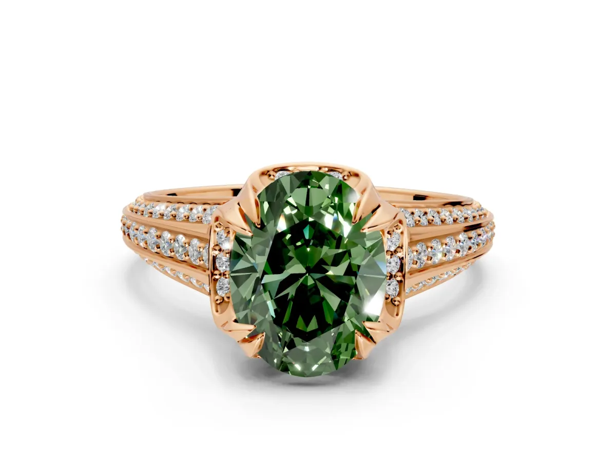 Solitaire Engagement Ring Setting for Fancy Green Oval Center with Accented Split Shank and Prong Head in Rose Gold