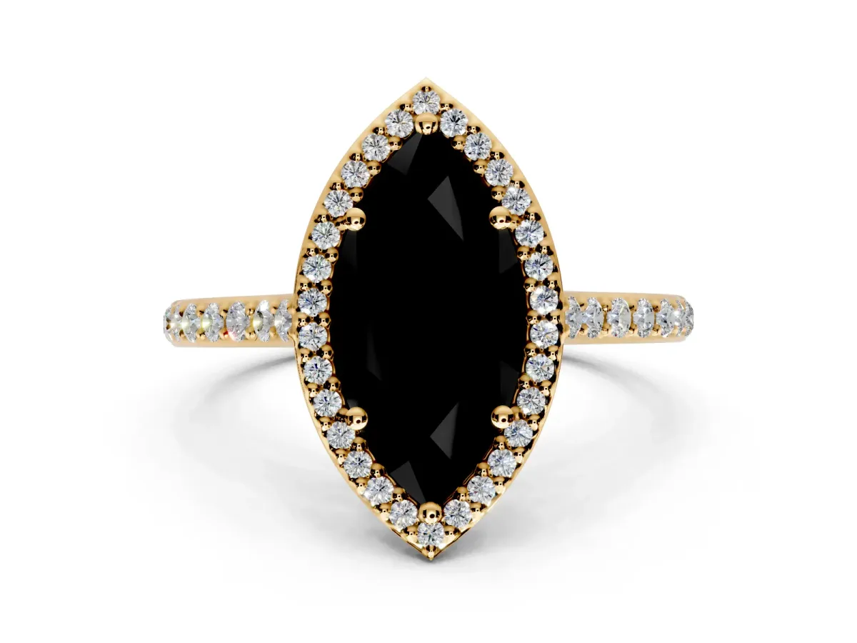 Halo Engagement Ring Setting for Fancy Black Marquise Center with Pave Accents, Heart Basket and Prong Head in Yellow Gold
