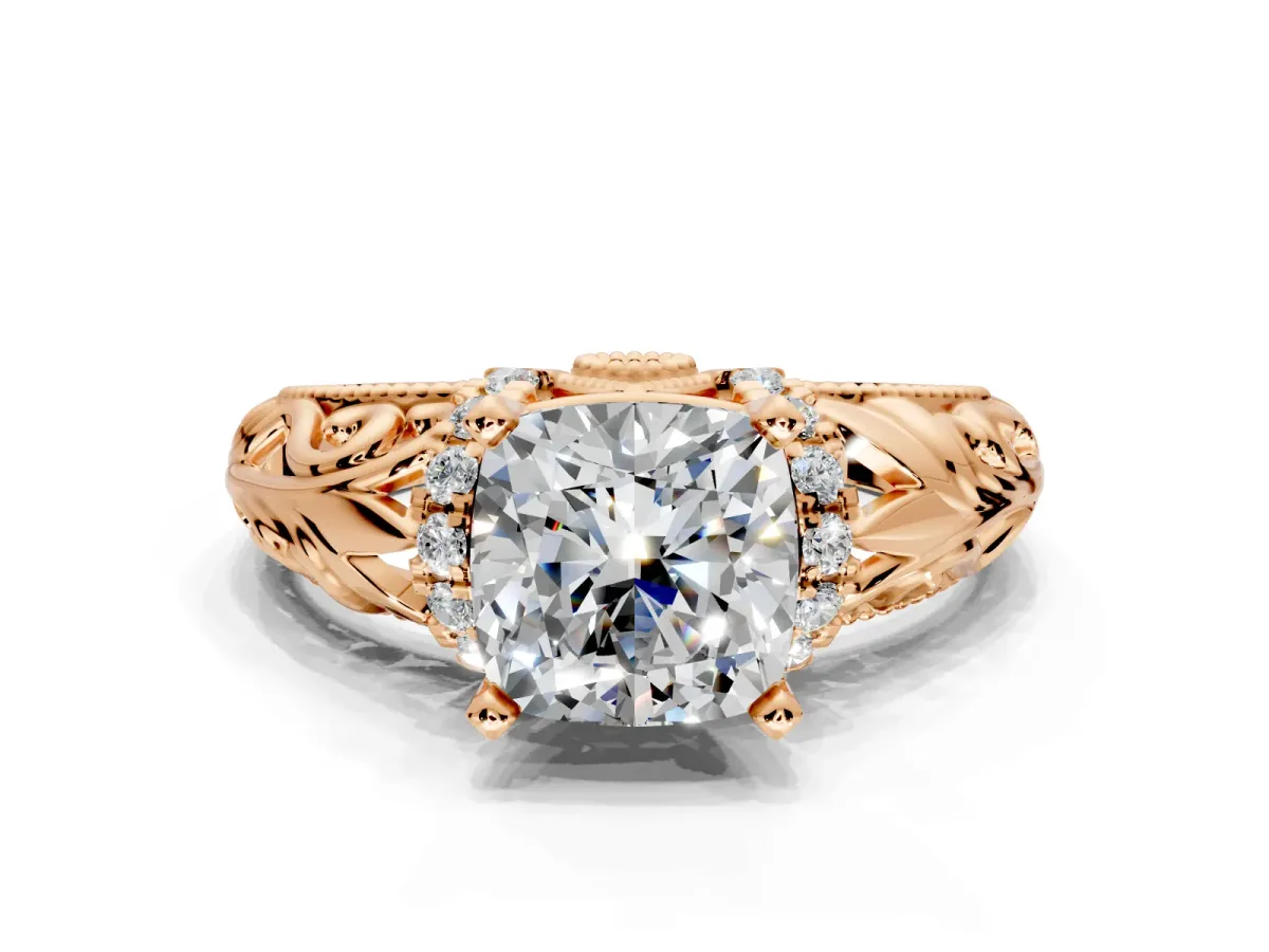 Solitaire Engagement Ring Setting for Cushion Cut Center with Filigree Accent Basket and Prong Head in Rose Gold