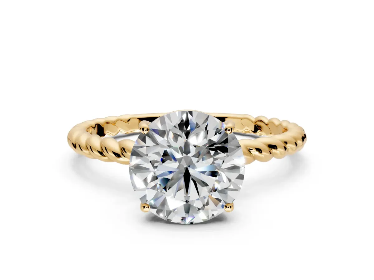 Solitaire Engagement Ring Setting for Round Cut Center with Plain Twisted Rope Band and Prong Head in Yellow Gold