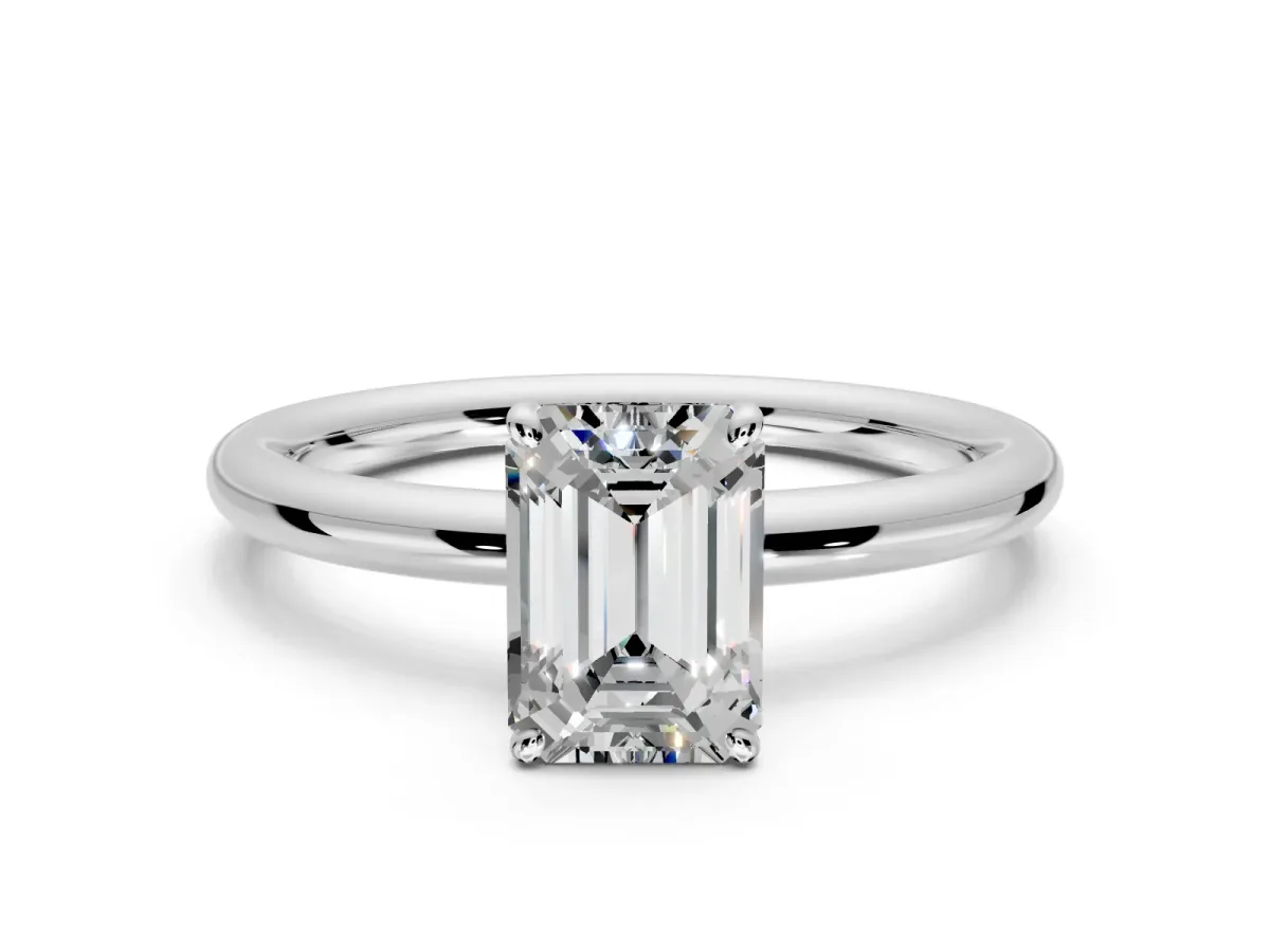 Low-Set Solitaire Engagement Ring Setting for Emerald Cut Center with Thin Plain Band and Prong Head in Platinum
