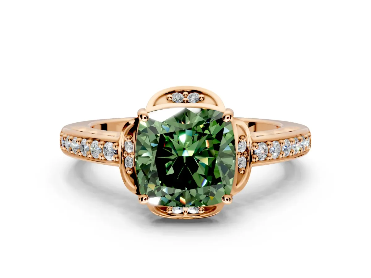 Floral Engagement Ring Setting for Fancy Green Cushion Cut Center with Four Accent Clusters and Prong Head in Rose Gold