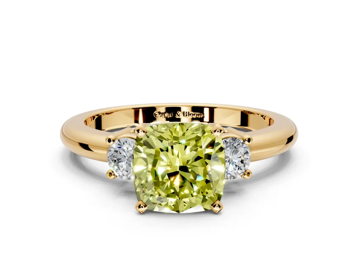 3 Stone Engagement Ring Setting for Fancy Yellow Cushion Cut Center with Wide Plain Band and Prong Head in Yellow Gold