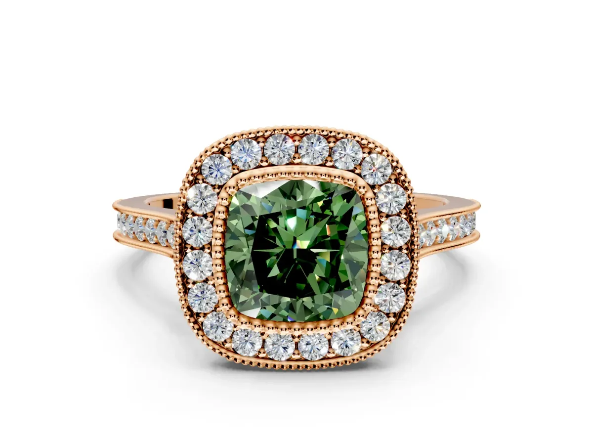 Halo Engagement Ring Setting for Fancy Green Cushion Cut Center with Milgrain Frame, Pave Band and Prong Head in Rose Gold