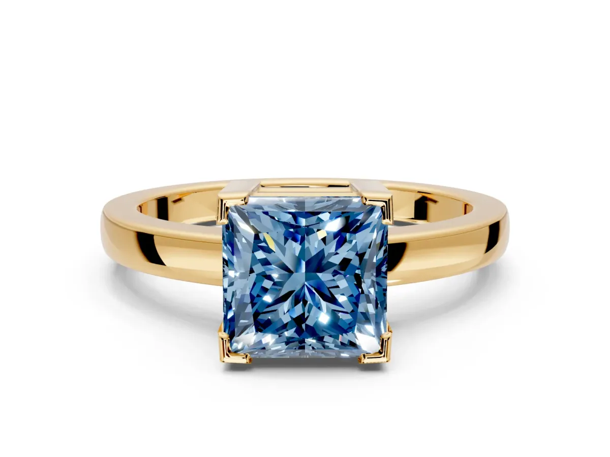 Solitaire Engagement Ring Setting for Fancy Blue Princess Cut Center with Plain Band and Flat Tab Prong Head in Yellow Gold