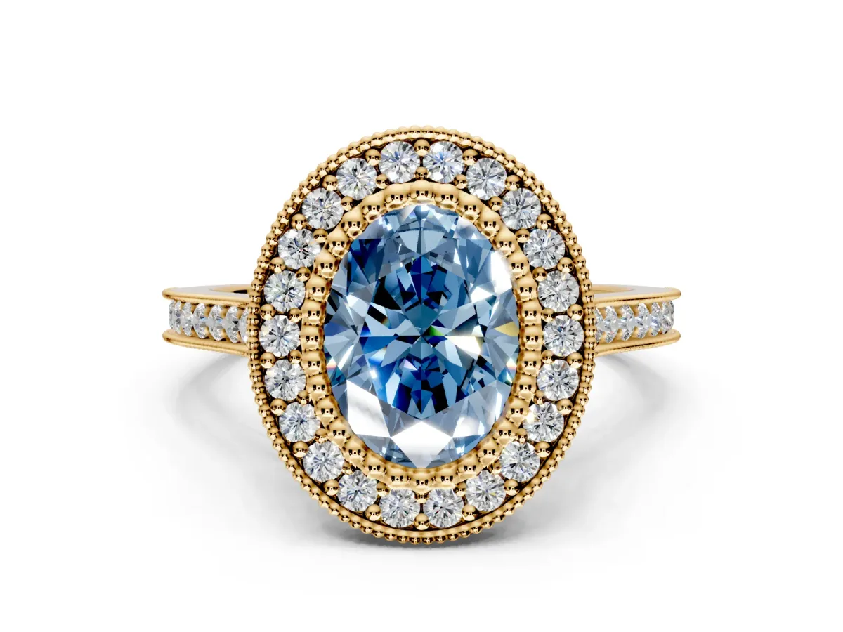 Halo Engagement Ring Setting for Fancy Blue Oval Center with Milgrain Frame, Pave Band and Prong Head in Yellow Gold