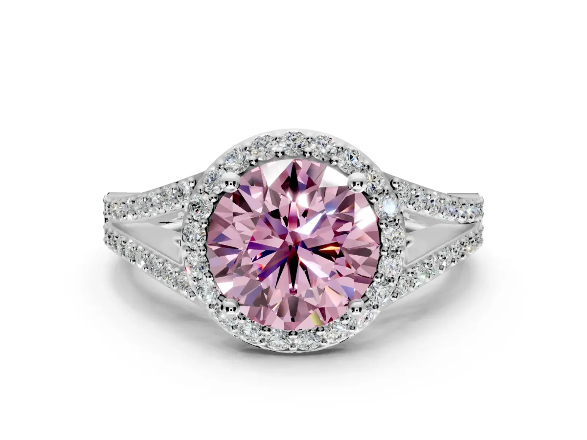 Halo Engagement Ring Setting for Fancy Pink Round Cut Center with Pave Split Shank and Prong Head in Sterling Silver