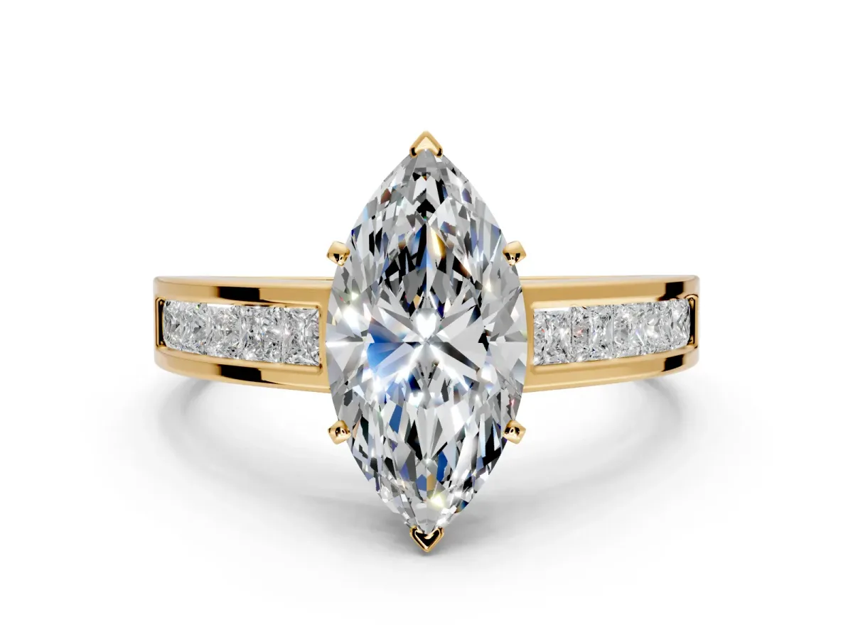 Solitaire Engagement Ring Setting for Marquise Center with Princess Cut Channel Band and Prong Head in Yellow Gold