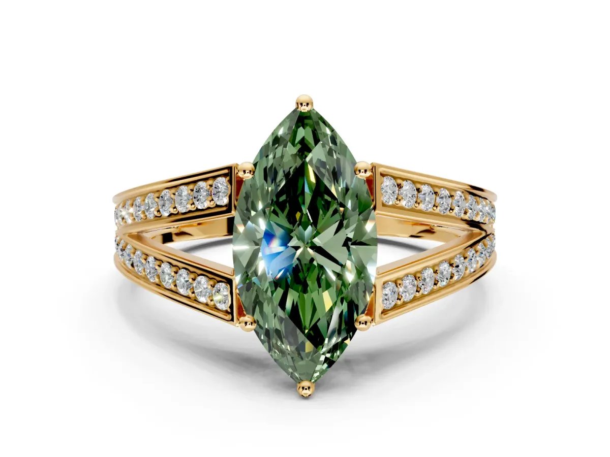 Split Shank Engagement Ring Setting for Fancy Green Marquise Center with Pave Split Shank and Prong Head in Yellow Gold