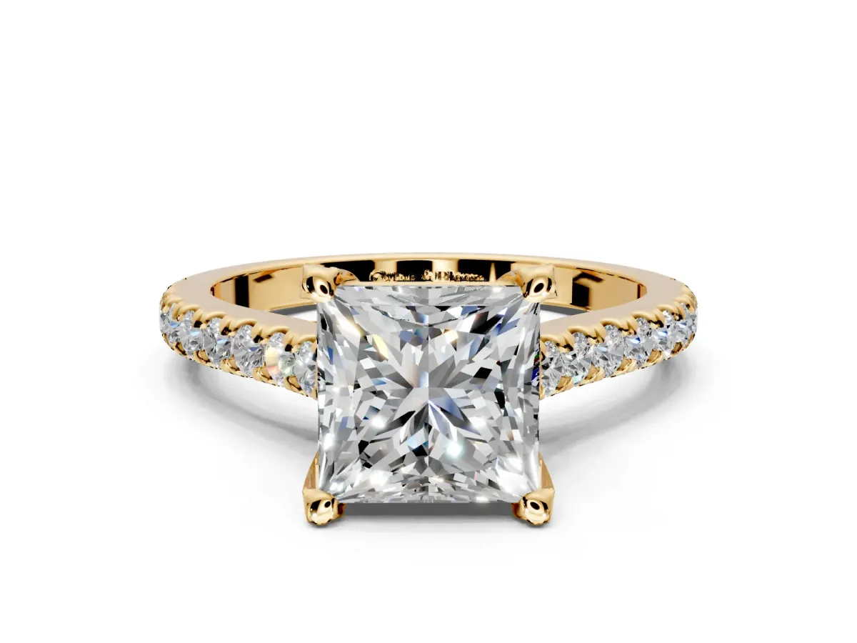 Solitaire Engagement Ring Setting for Princess Cut Center with Widening Pave Band and Claw Prong Head in Yellow Gold