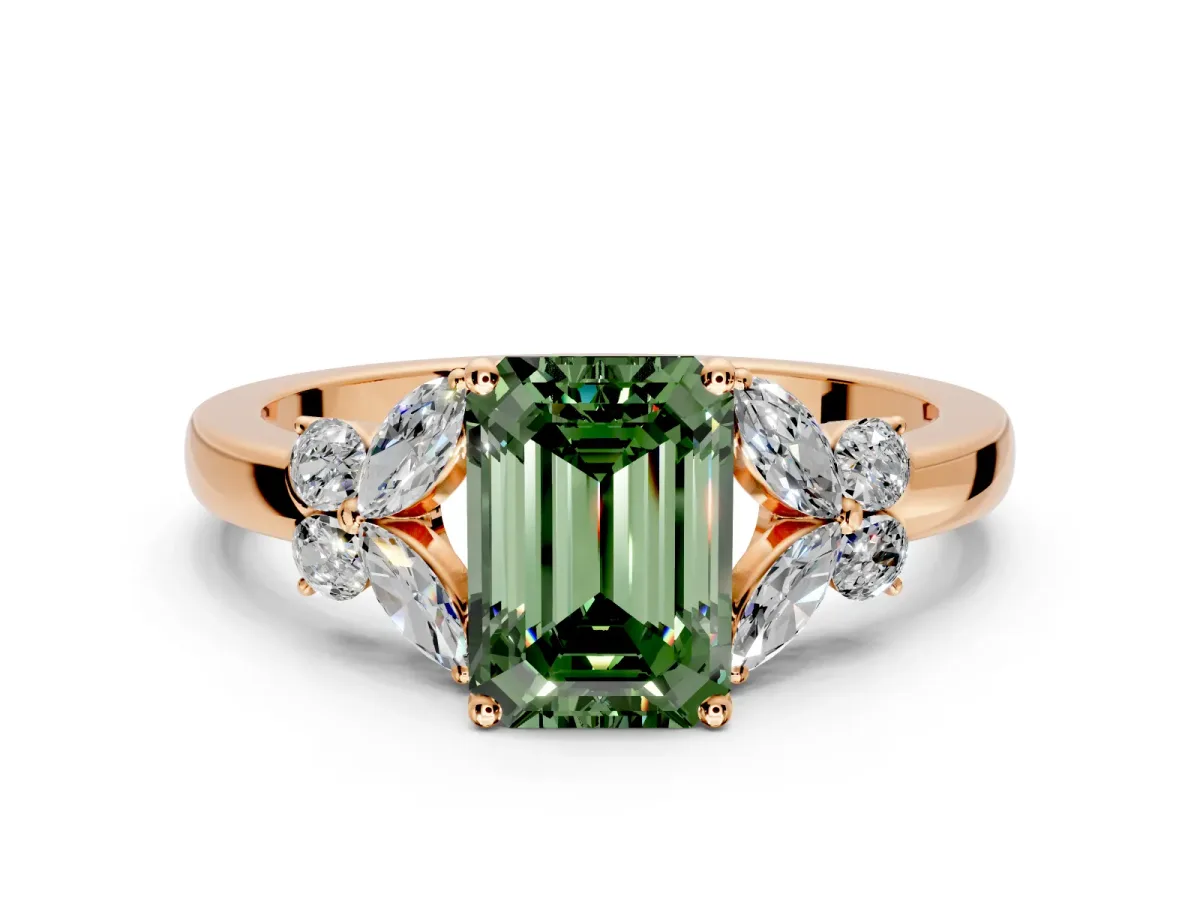 Solitaire Engagement Ring Setting for Fancy Green Emerald Cut Center with Marquise Flower Shoulders and Prong Head in Rose Gold