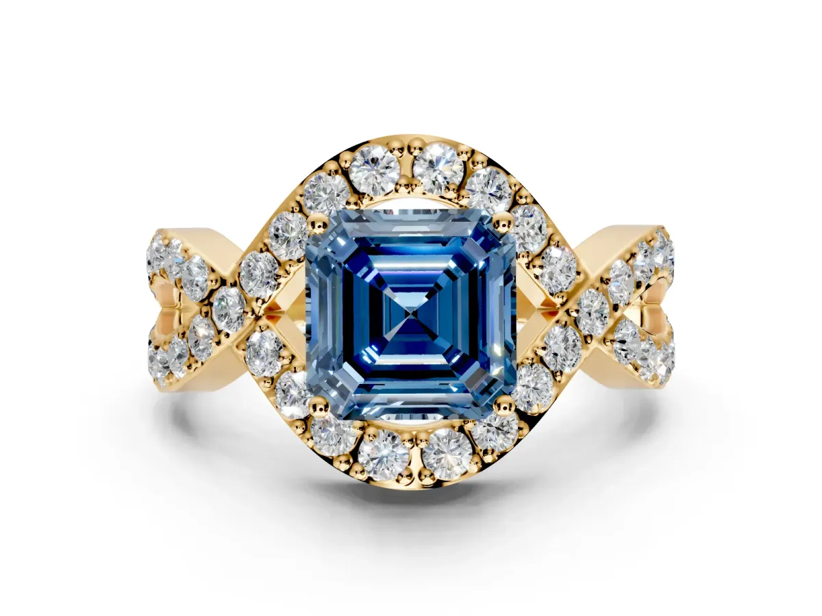 Halo Engagement Ring Setting for Fancy Blue Asscher Cut Center with Pave Infinity Twist Band and Prong Head in Yellow Gold