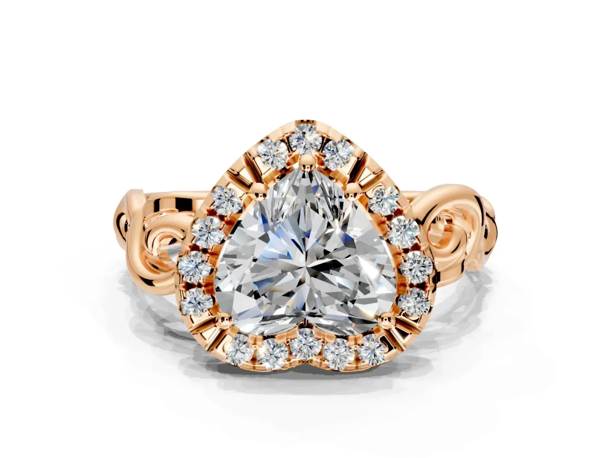 Halo Engagement Ring Setting for Heart-Shaped Center with Open Scroll Shoulders and Prong Head in Rose Gold