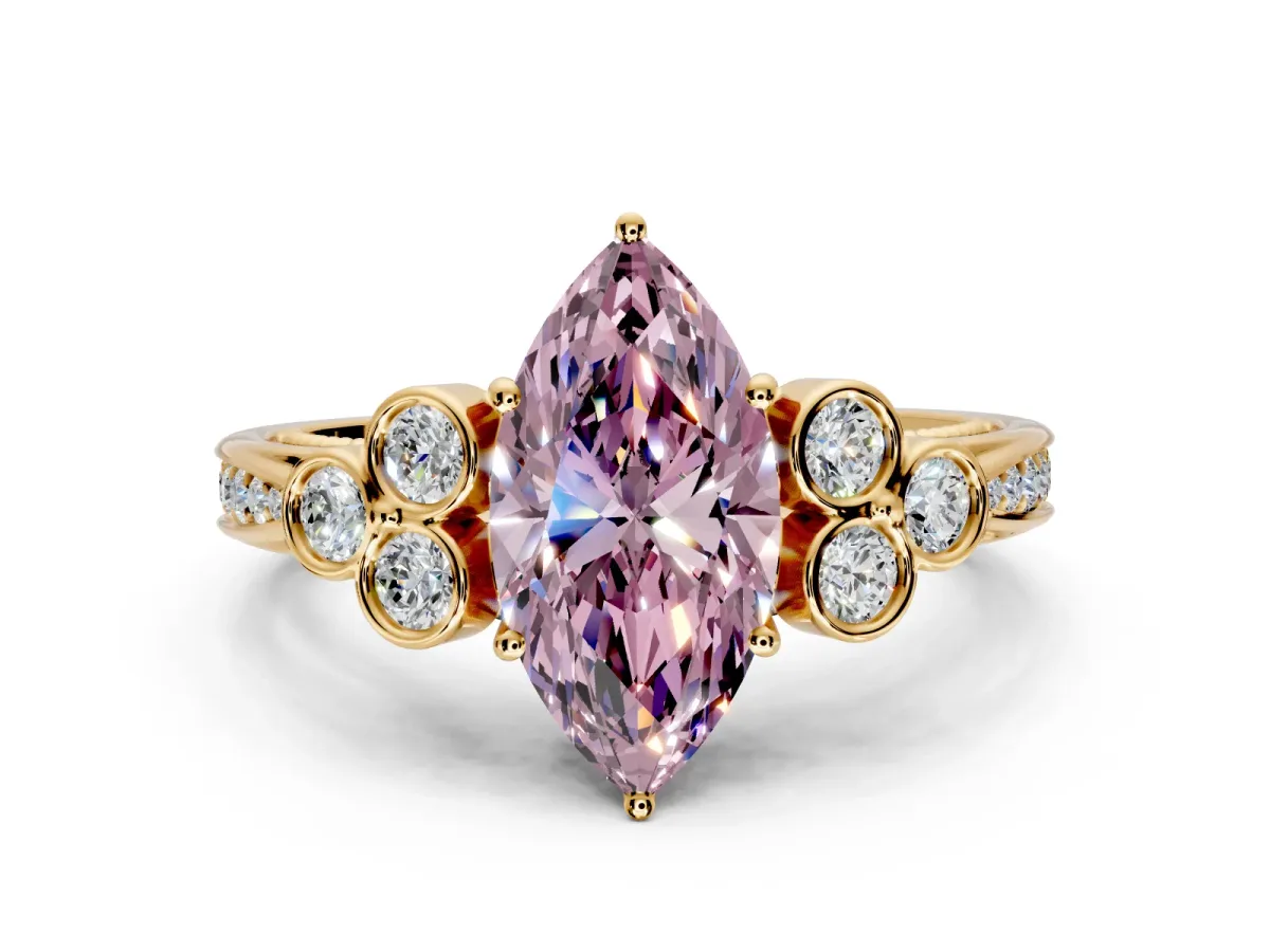 Cluster Engagement Ring Setting for Fancy Pink Marquise Center with Bezel Accent Clusters and Prong Head in Yellow Gold