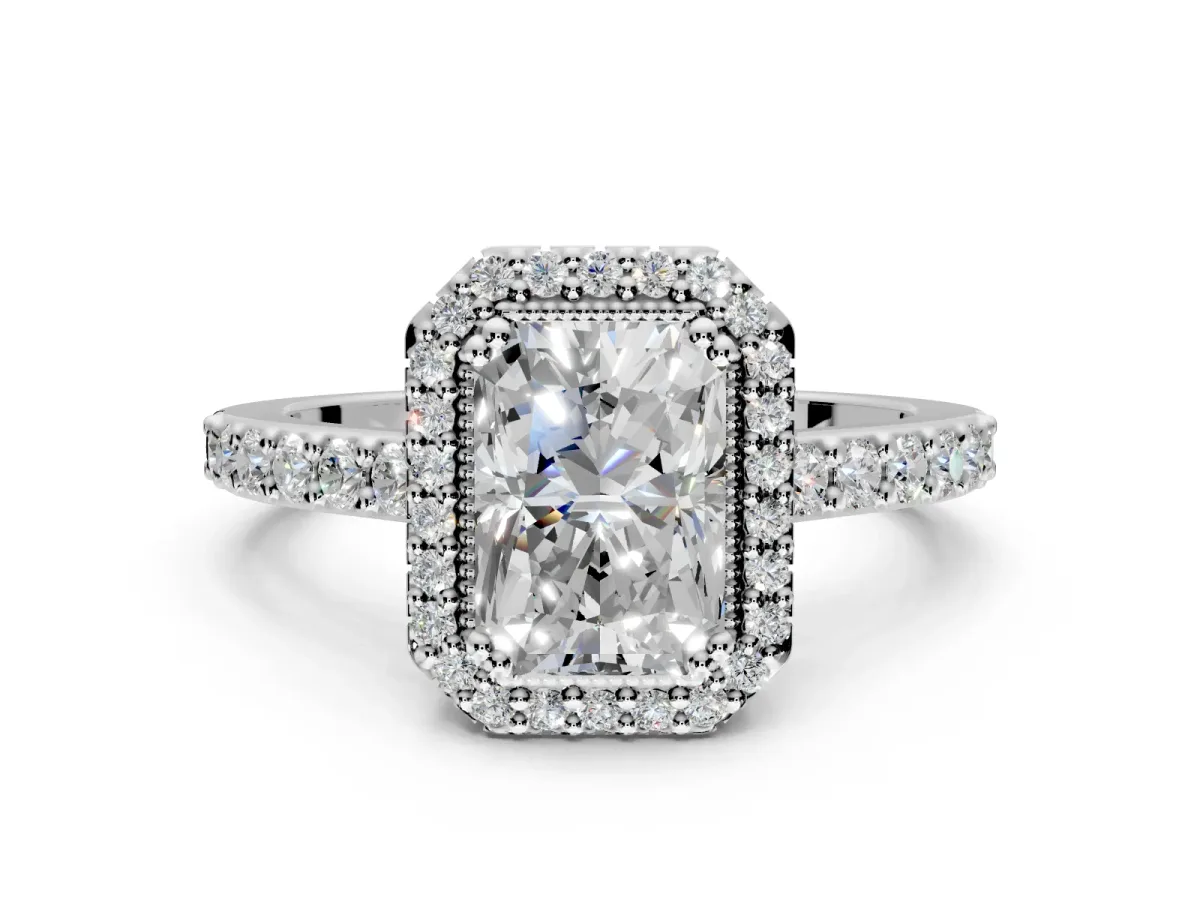 Halo Engagement Ring Setting for Radiant Cut Center with Inner Milgrain Border and Prong Head in White Gold