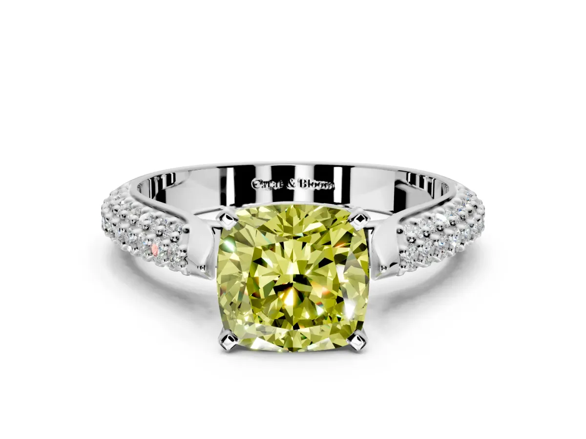 Solitaire Engagement Ring Setting for Fancy Yellow Cushion Cut Center with Multi-Row Accents and Prong Head in Platinum