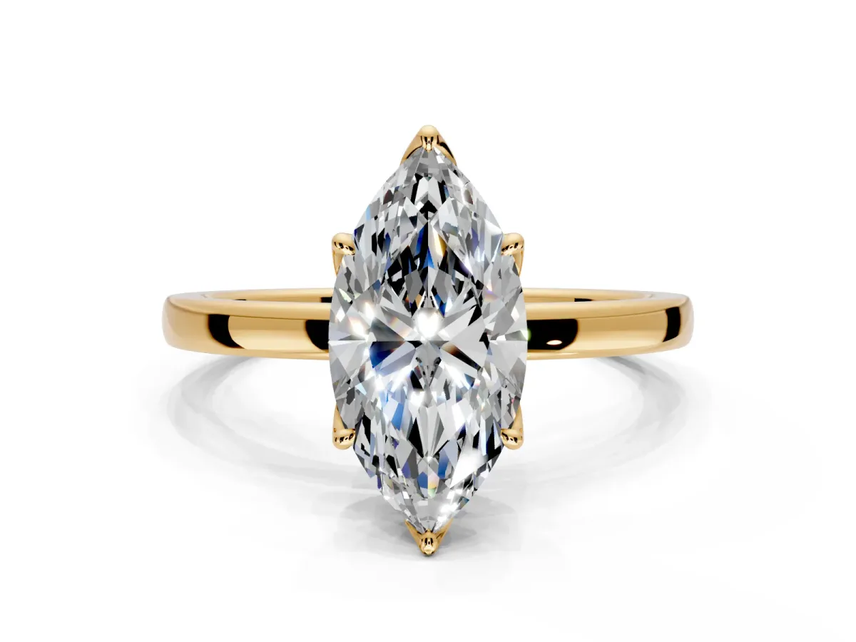 Solitaire Engagement Ring Setting for Marquise Center with Thin Rounded Plain Band and Prong Head in Yellow Gold