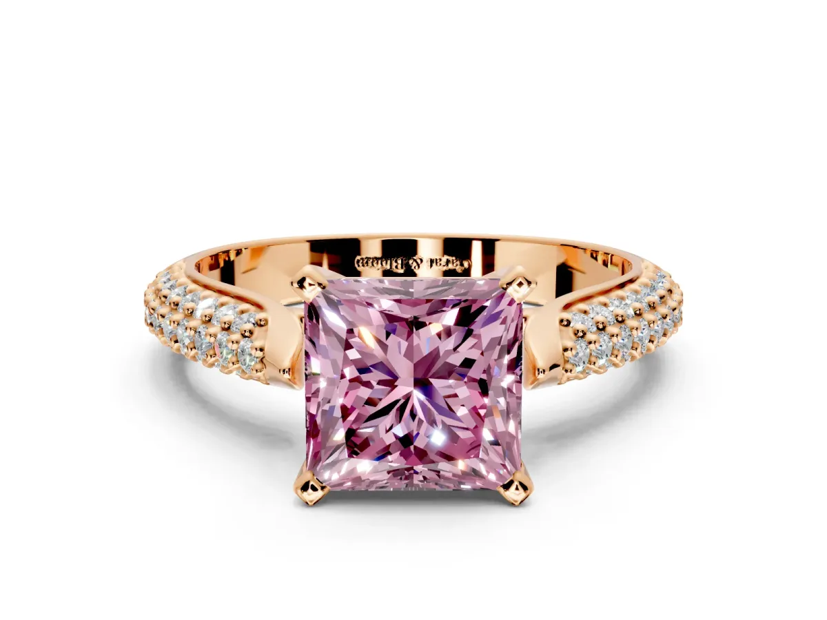 Solitaire Engagement Ring Setting for Fancy Pink Princess Cut Center with Multi-Row Accents and Prong Head in Rose Gold