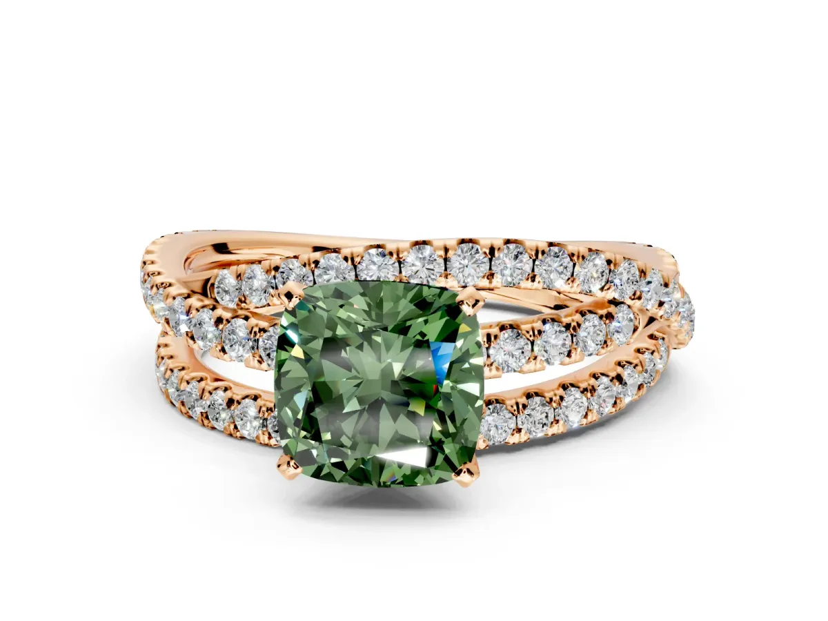 Solitaire Engagement Ring Setting for Fancy Green Cushion Cut Center with Woven 3-Strand Pave Band and Prong Head in Rose Gold