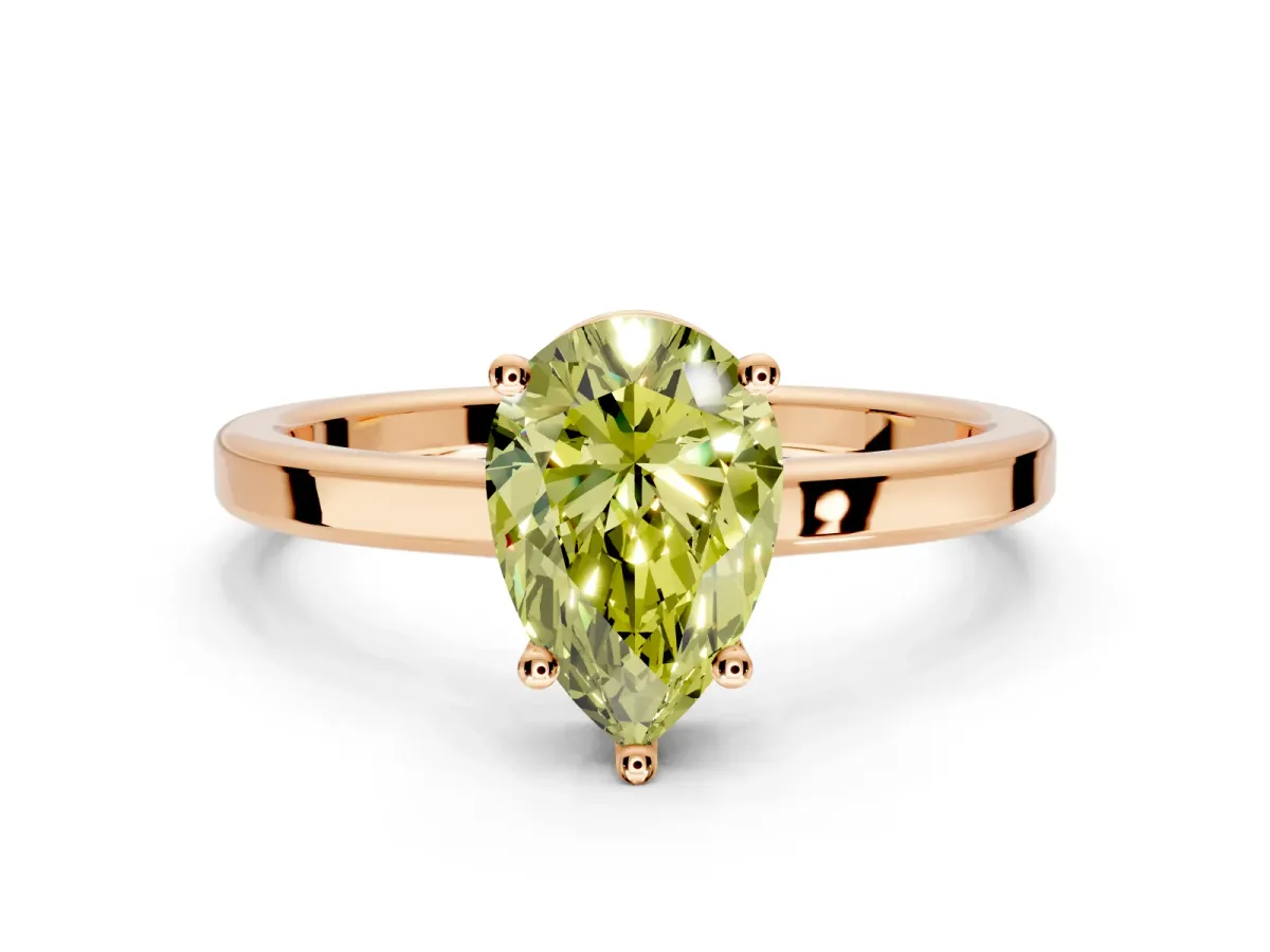 Hidden Halo Engagement Ring Setting for Fancy Yellow Pear-Shaped Center with Wide Flat Plain Band and Prong Head in Rose Gold