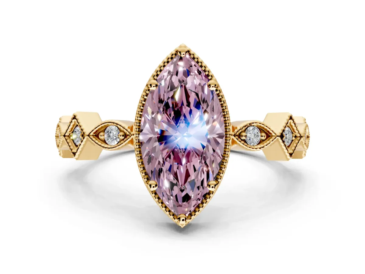 Milgrain Bezel Engagement Ring Setting for Fancy Pink Marquise Center with Marquise Stations and Bezel Head in Yellow Gold