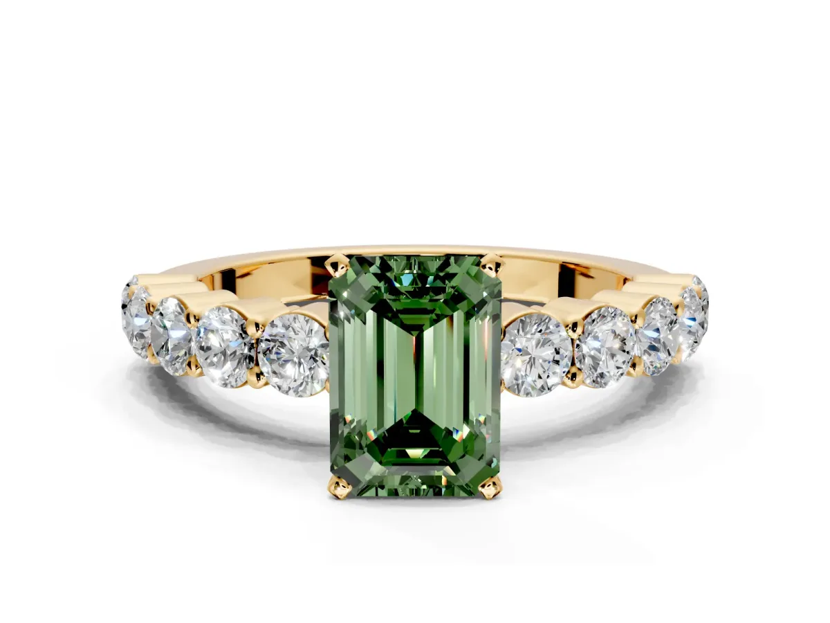 Shared-Prong Engagement Ring Setting for Fancy Green Emerald Cut Center with Graduated Accents and Prong Head in Yellow Gold
