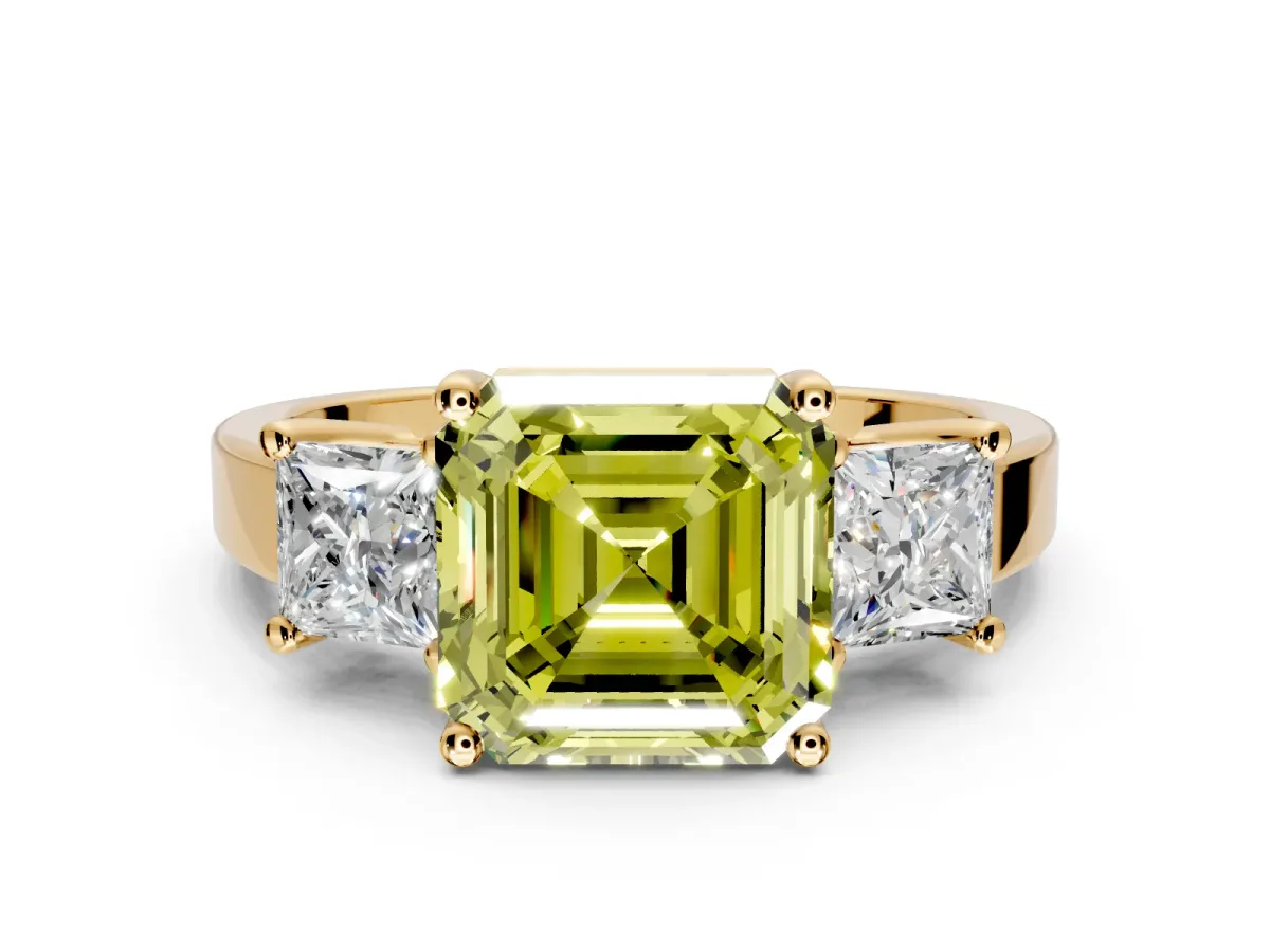 3 Stone Engagement Ring Setting for Fancy Yellow Asscher Cut Center with Matching Side Accents and Prong Head in Yellow Gold