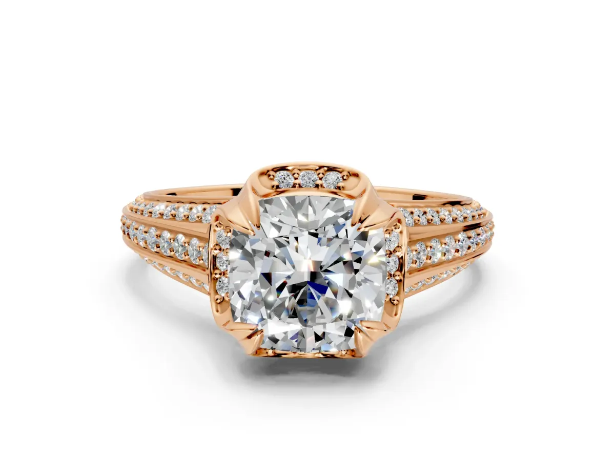 Solitaire Engagement Ring Setting for Cushion Cut Center with Accented Split Shank and Prong Head in Rose Gold