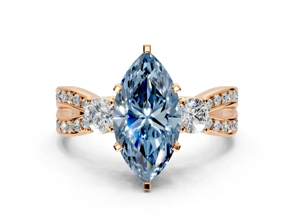 3 Stone Engagement Ring Setting for Fancy Blue Marquise Center with Pave Twist Band and Prong Head in Rose Gold