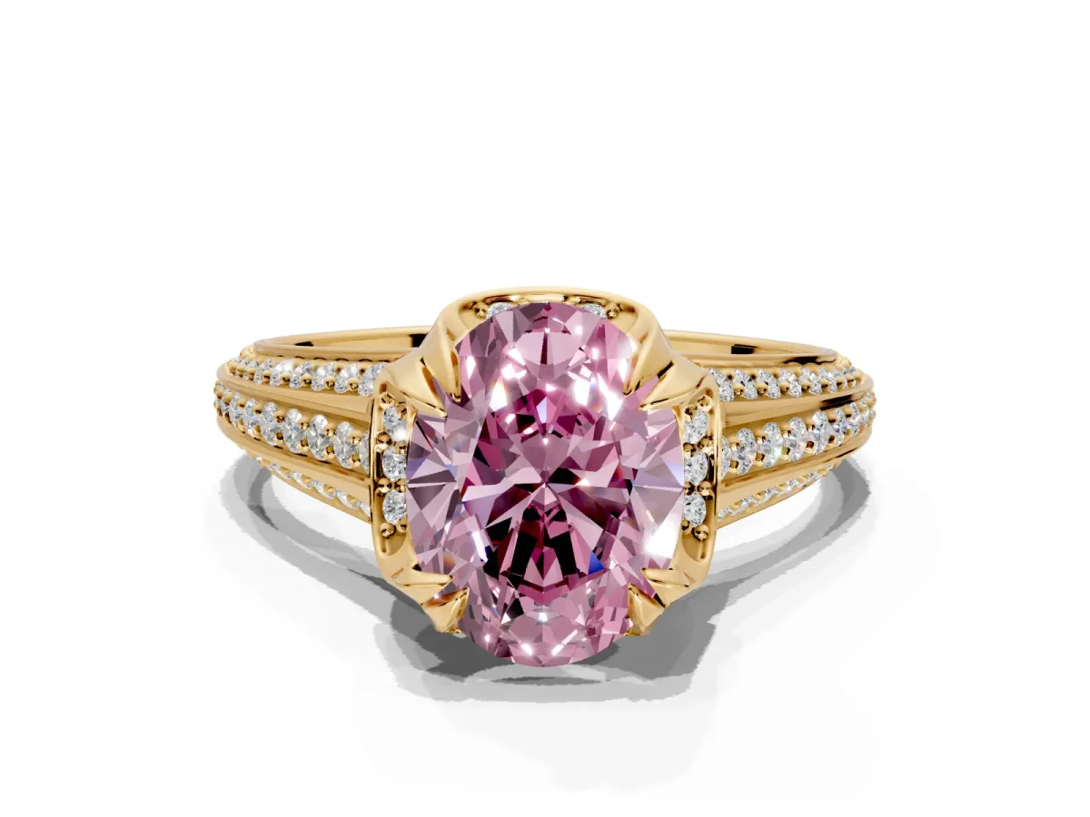 Solitaire Engagement Ring Setting for Fancy Pink Oval Center with Accented Split Shank and Prong Head in Yellow Gold