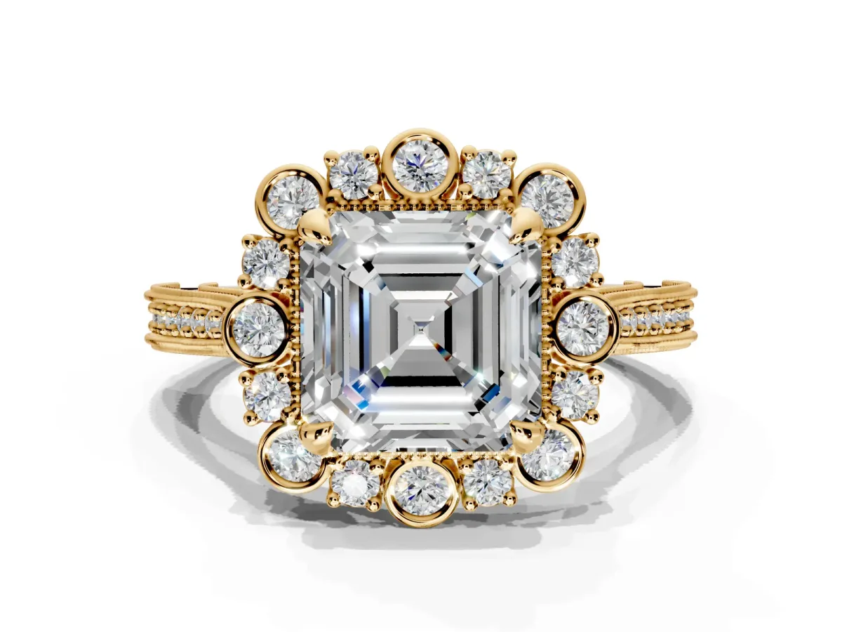 Milgrain Halo Engagement Ring Setting for Asscher Cut Center with Bezel Point Accents and Prong Head in Yellow Gold