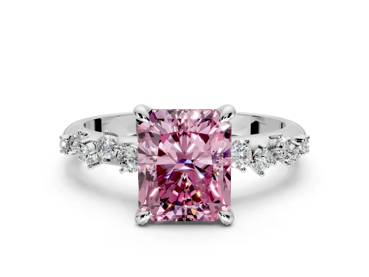 Solitaire Engagement Ring Setting for Fancy Pink Radiant Cut Center with Trailing Leaf Accent Band and Prong Head in Sterling Silver