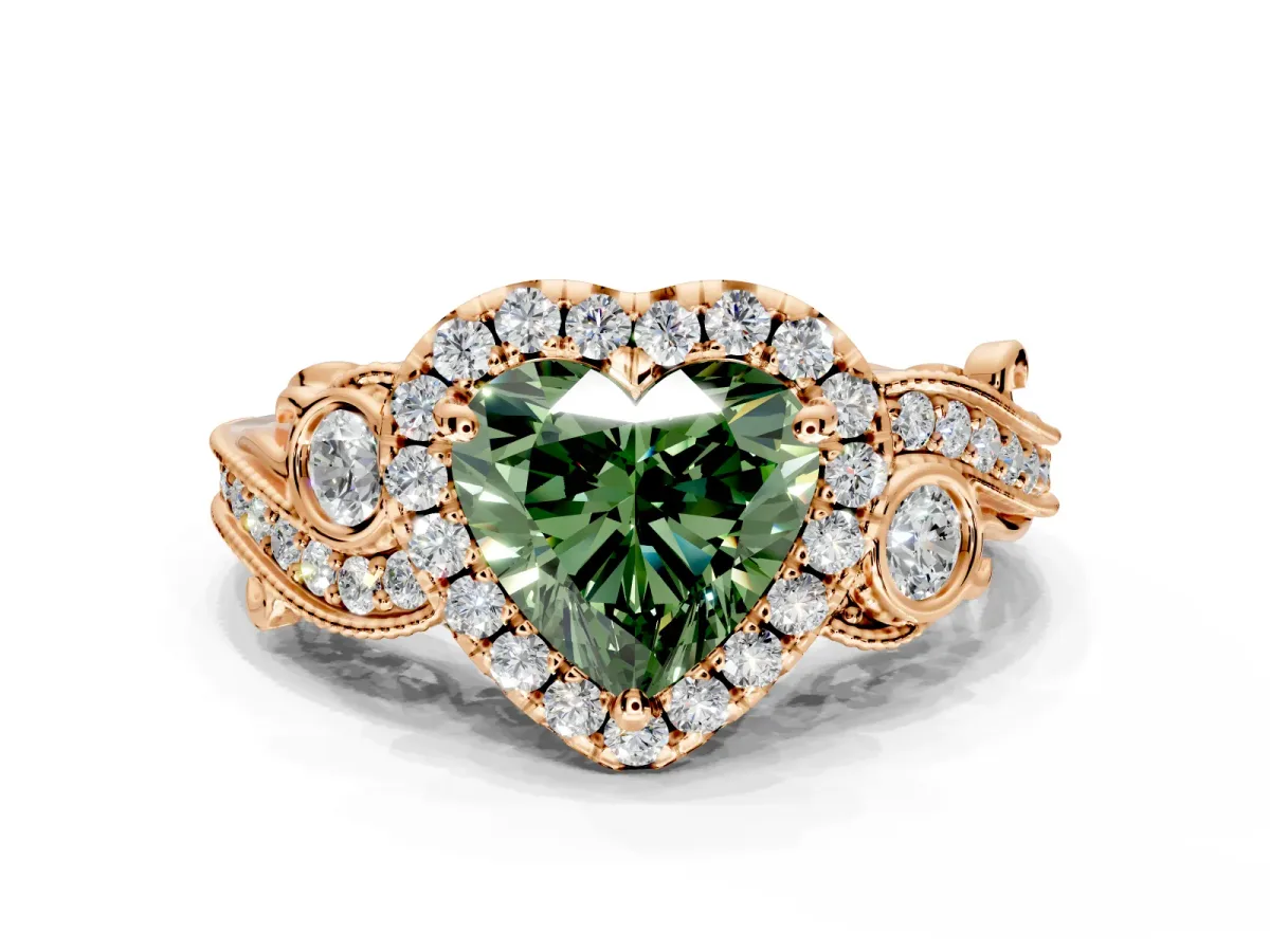 Milgrain Halo Engagement Ring Setting for Fancy Green Heart-Shaped Center with Shoulder Bezels and Prong Head in Rose Gold