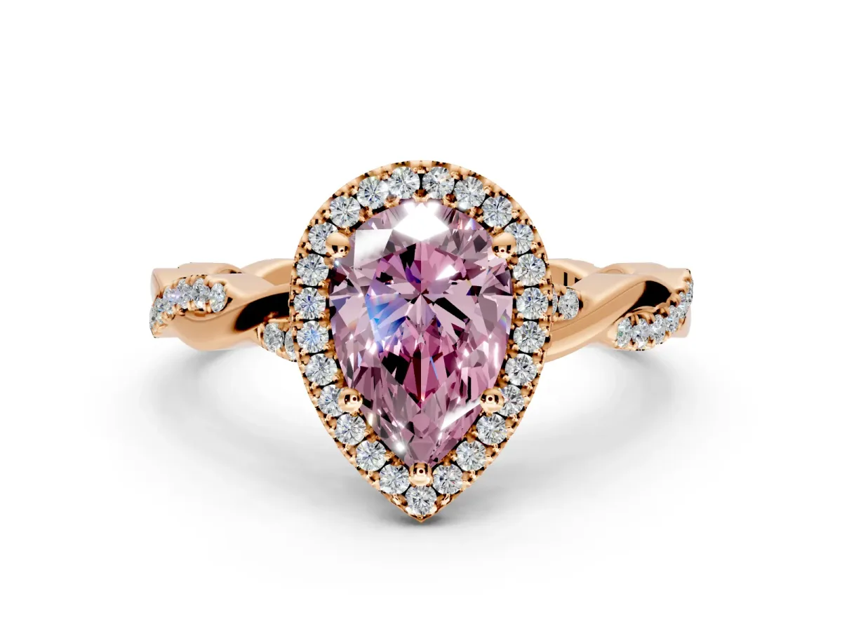 Halo Engagement Ring Setting for Fancy Pink Pear-Shaped Center with Pave and Plain Twist Band and Prong Head in Rose Gold