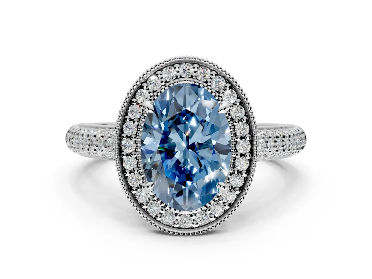 Milgrain Halo Engagement Ring Setting for Fancy Blue Oval Center with Three-Sided Pave Band and Prong Head in Sterling Silver