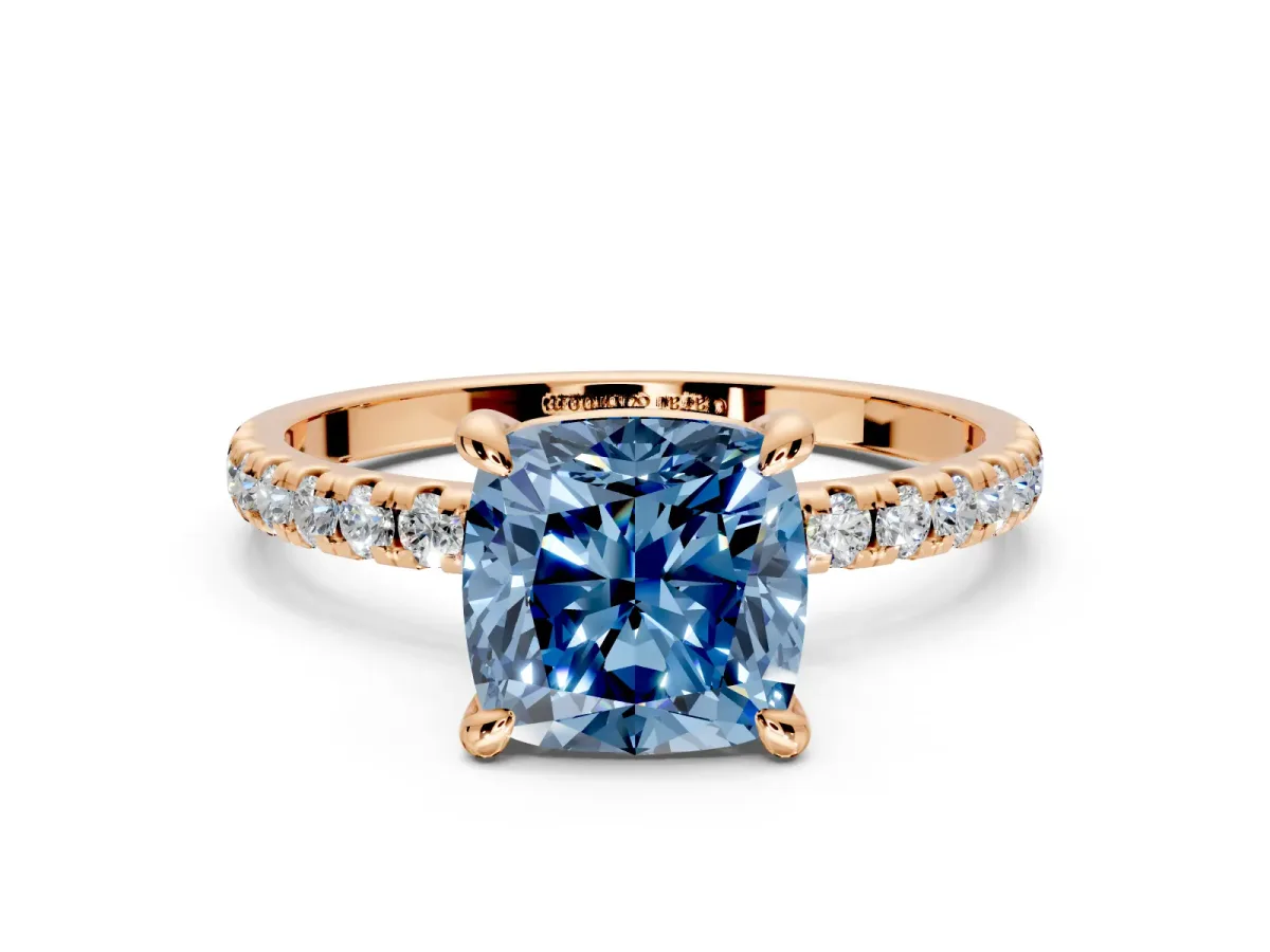 Solitaire Engagement Ring Setting for Fancy Blue Cushion Cut Center with Fine Pave Narrow Band and Prong Head in Rose Gold