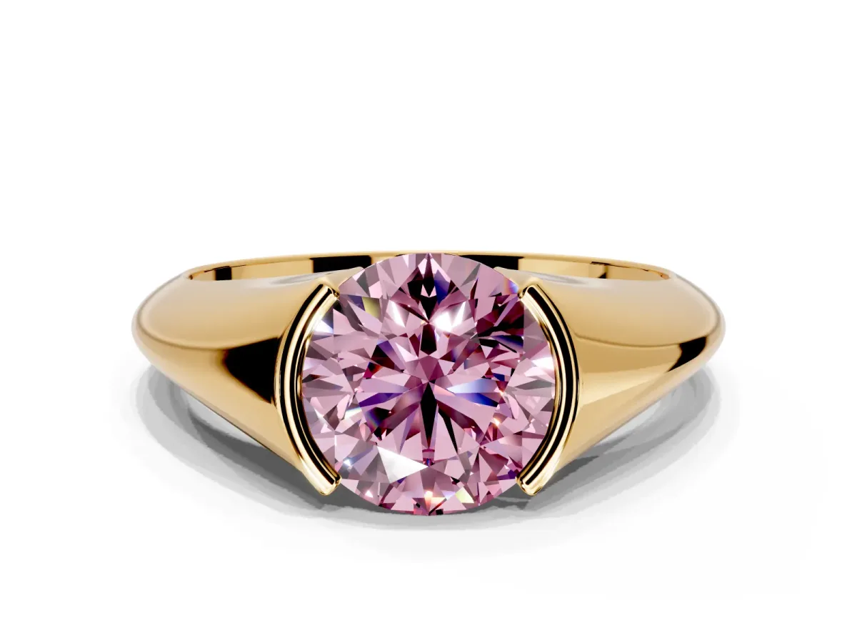 Tension Engagement Ring Setting for Fancy Pink Round Cut Center with Wide Tapered Band and Tension Head in Yellow Gold