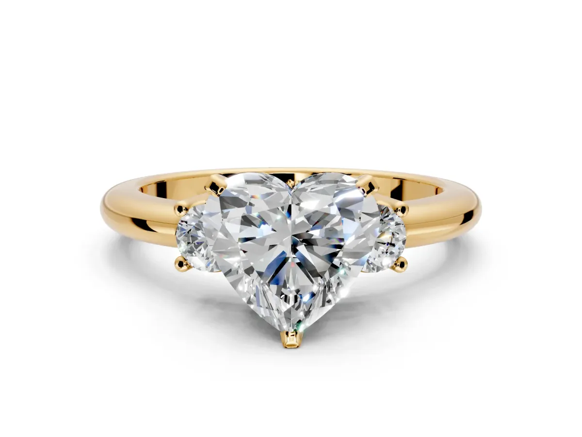 3 Stone Engagement Ring Setting for Heart-Shaped Center with Wide Plain Band and Prong Head in Yellow Gold