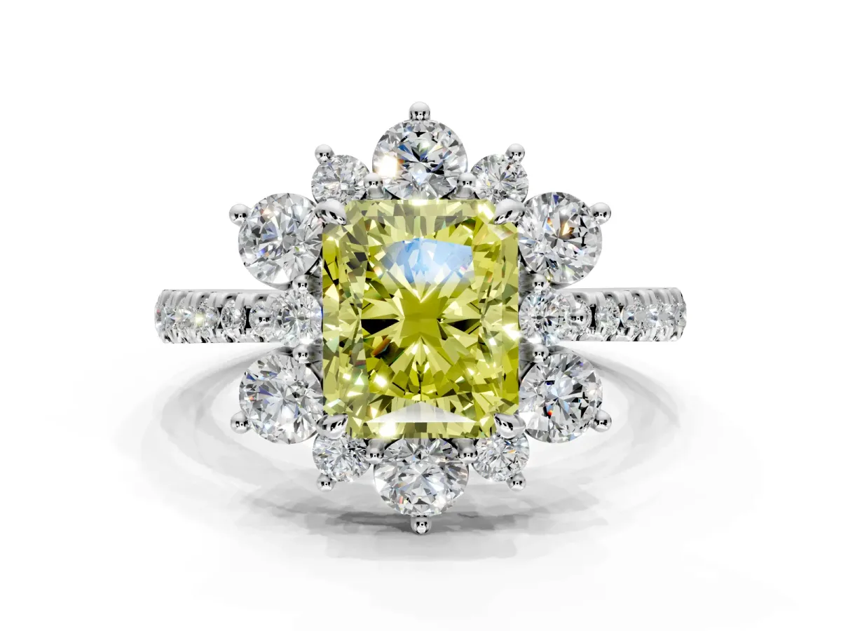 Floral Halo Engagement Ring Setting for Fancy Yellow Radiant Cut Center with Pave Accents and Prong Head in Sterling Silver