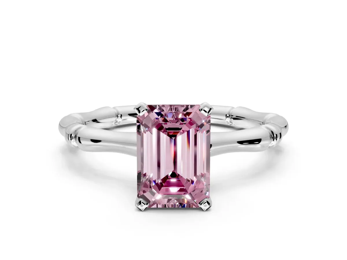 Solitaire Engagement Ring Setting for Fancy Pink Emerald Cut Center with Bamboo Band and Prong Head in Sterling Silver