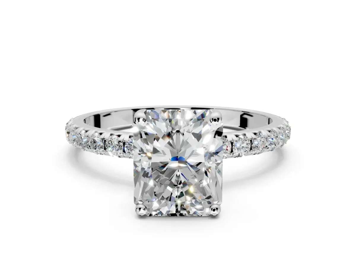 Solitaire Engagement Ring Setting for Radiant Cut Center with Micro Pave Band and Prong Head in Platinum