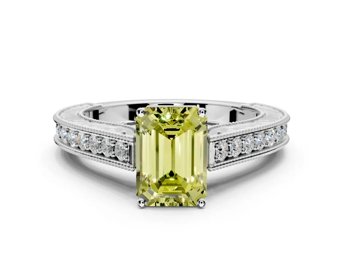 Solitaire Engagement Ring Setting for Fancy Yellow Emerald Cut Center with Engraved Pave Band and Prong Head in Sterling Silver