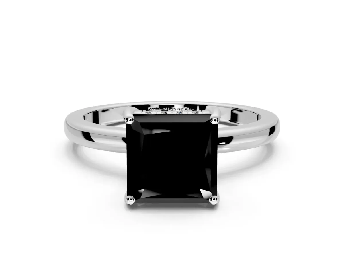 Solitaire Engagement Ring Setting for Fancy Black Princess Cut Center with Fine Wire Band and Prong Head in Sterling Silver
