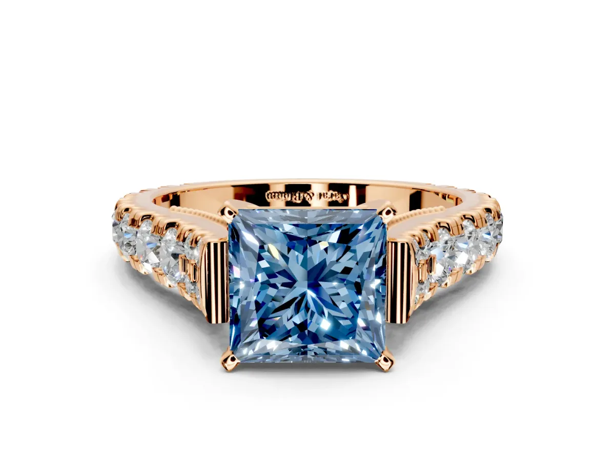 Solitaire Engagement Ring Setting for Fancy Blue Princess Cut Center with Pave Cathedral Shoulders and Prong Head in Rose Gold