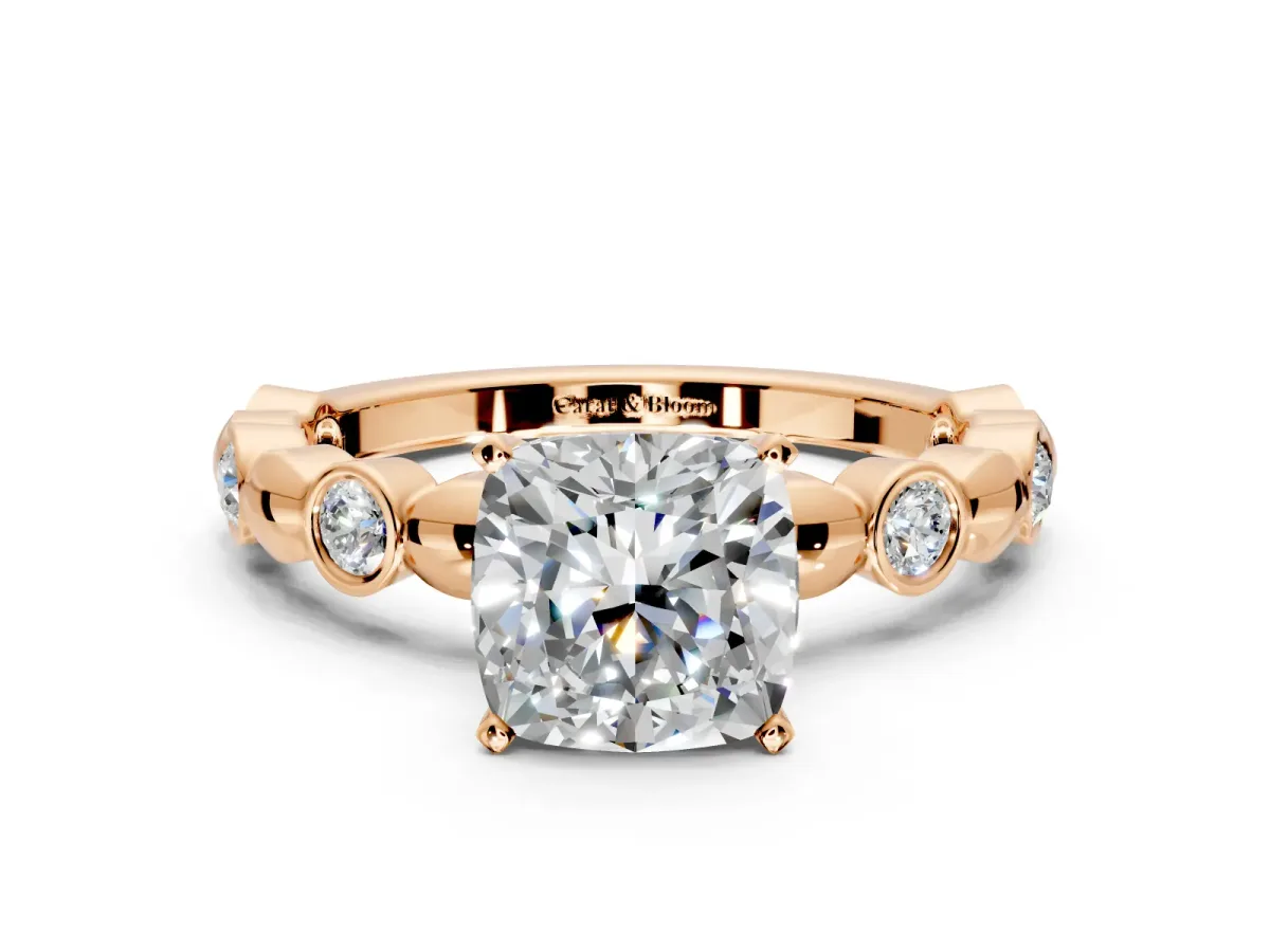 Solitaire Engagement Ring Setting for Cushion Cut Center with Beaded Bezel Station Band and Prong Head in Rose Gold