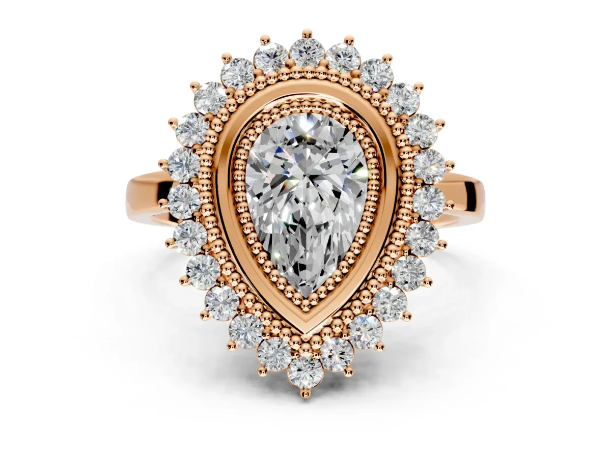 Halo Engagement Ring Setting for Pear-Shaped Center with Milgrain Bezel Rim, Plain Band and Prong Head in Rose Gold