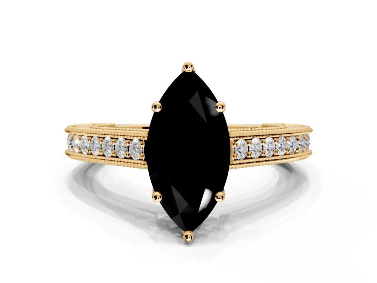 Solitaire Engagement Ring Setting for Fancy Black Marquise Center with Engraved Pave Band and Prong Head in Yellow Gold