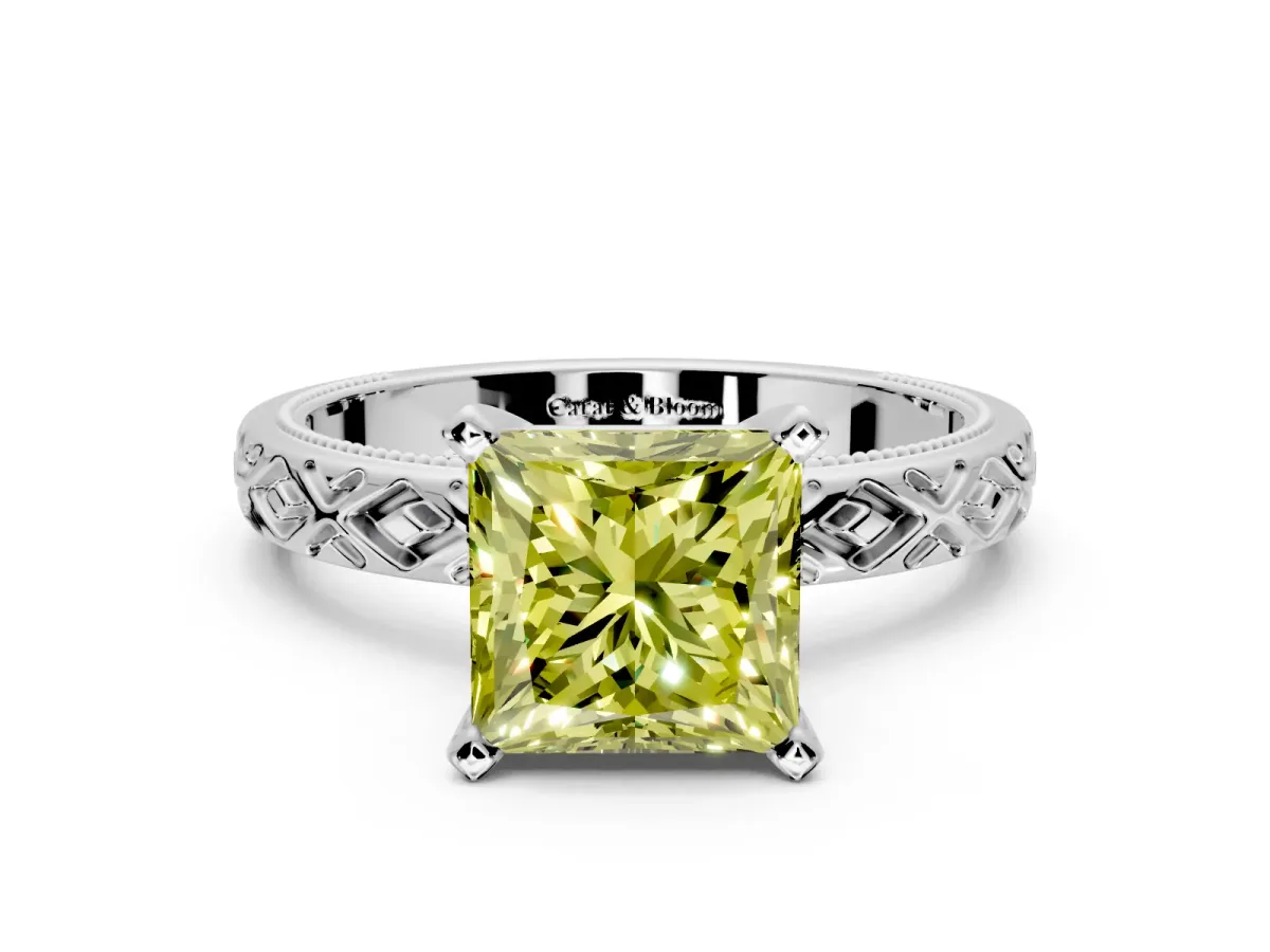 Solitaire Engagement Ring Setting for Fancy Yellow Princess Cut Center with Milgrain X Pattern Band and Prong Head in Sterling Silver